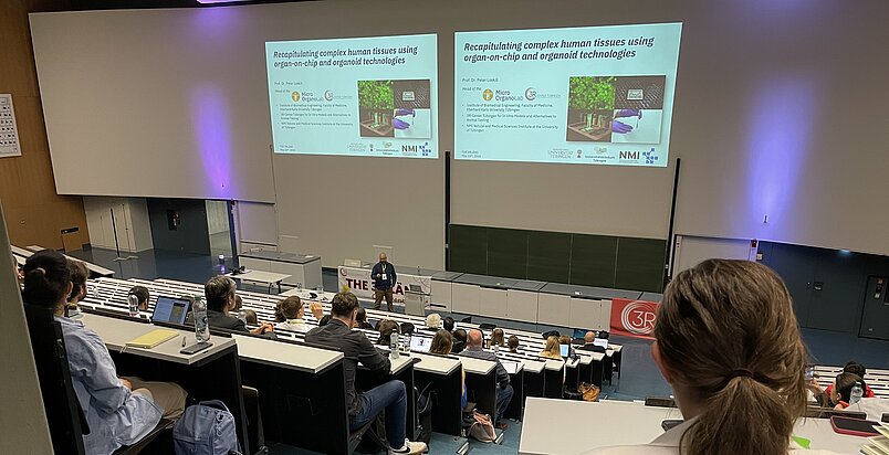 Menschen in einen Hörsaal lauschen einem Vortragenden